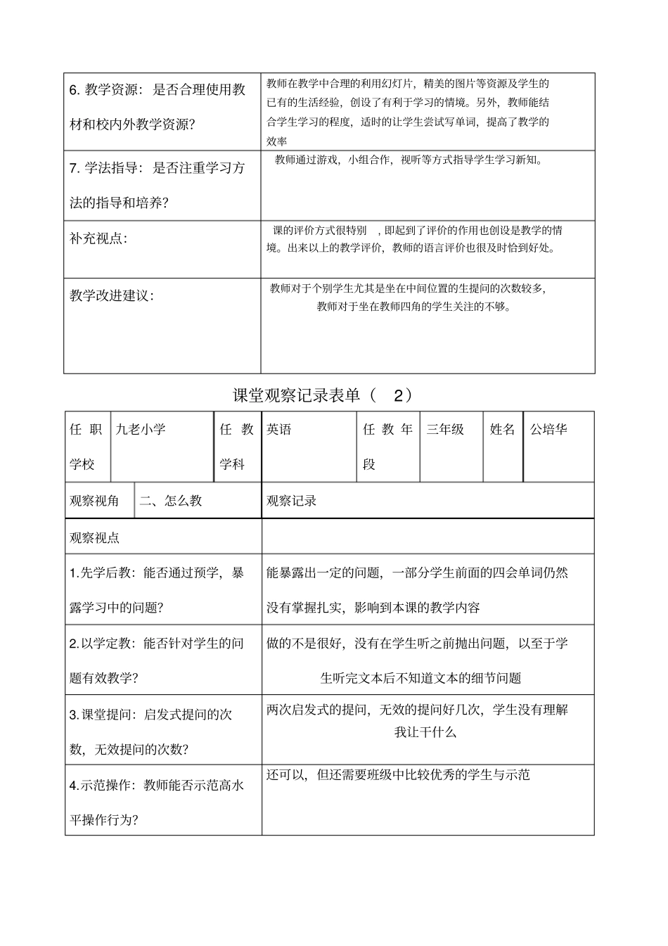 小学英语课堂观察记录表单_第2页