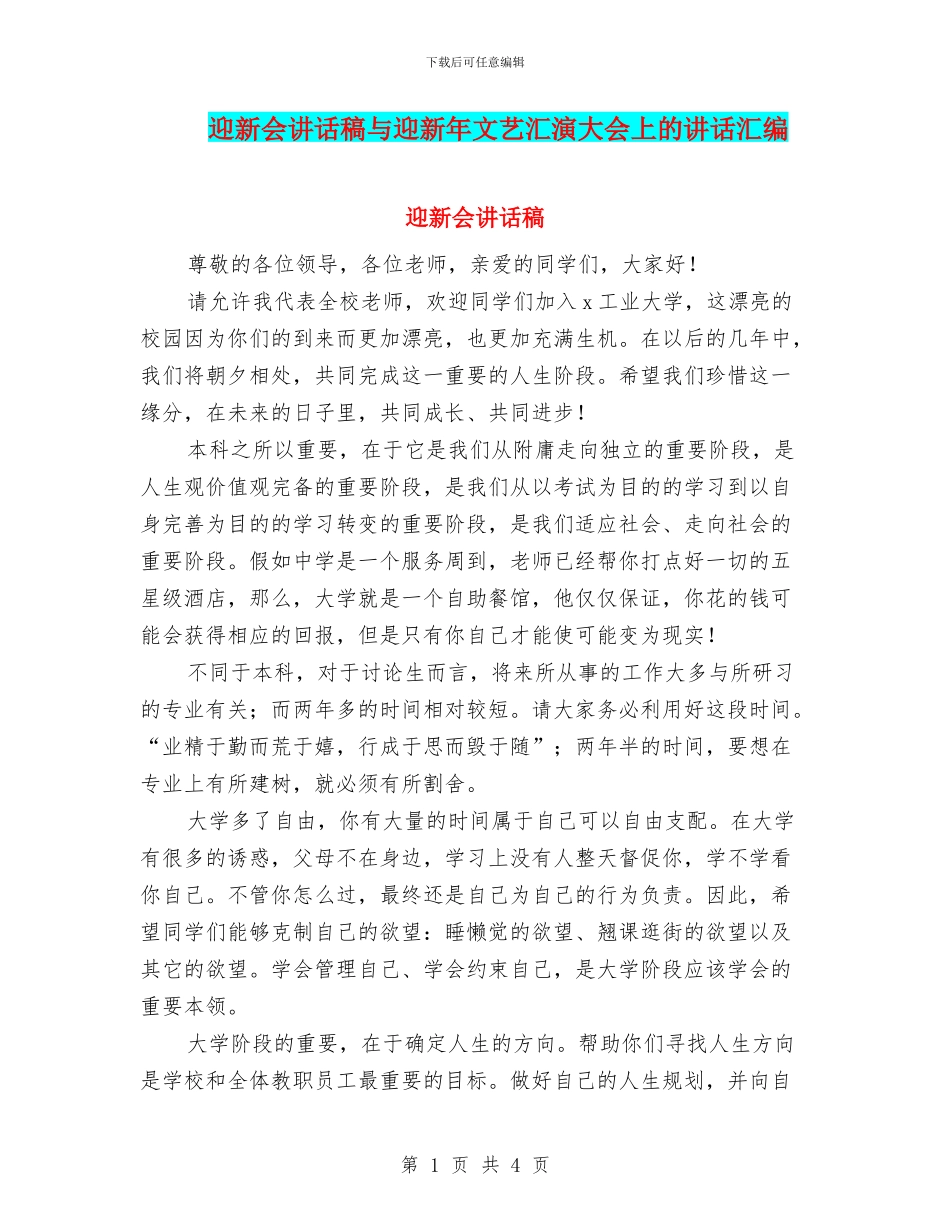迎新会讲话稿与迎新年文艺汇演大会上的讲话汇编_第1页