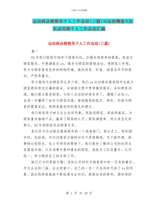 运动商品销售员个人工作总结与运政稽查大队长试用期个人工作总结汇编