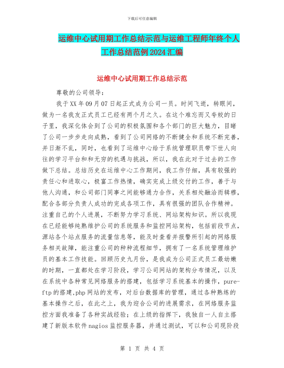运维中心试用期工作总结示范与运维工程师年终个人工作总结范例2024汇编_第1页