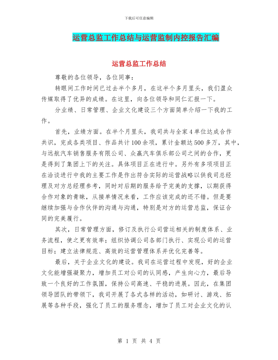 运营总监工作总结与运营监制内控报告汇编_第1页