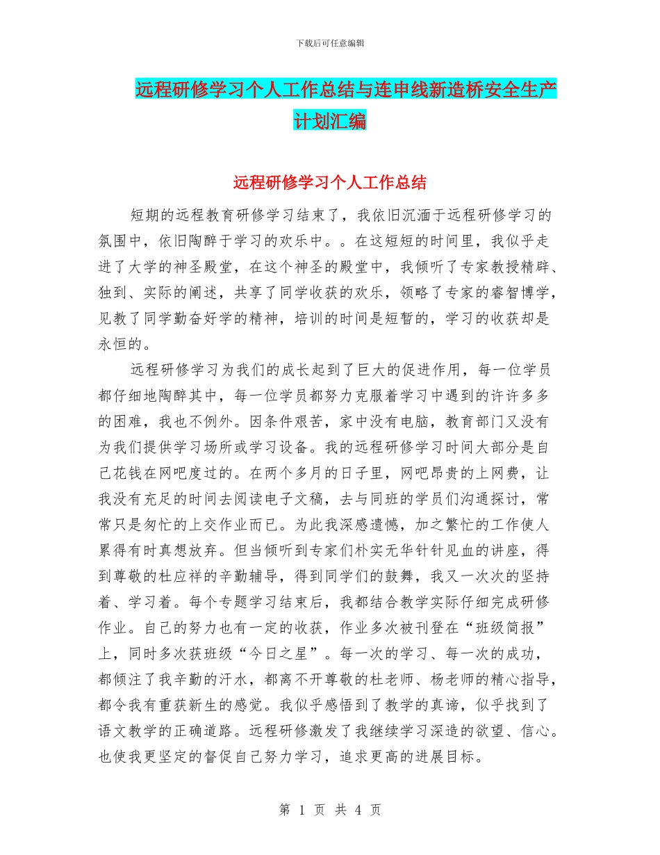 远程研修学习个人工作总结与连申线新造桥安全生产计划汇编_第1页