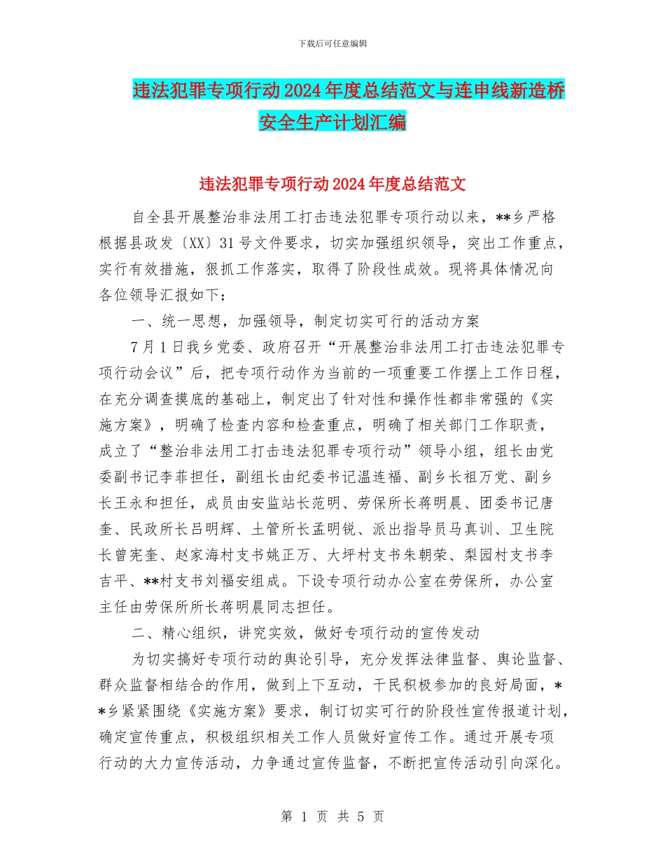 违法犯罪专项行动2024年度总结范文与连申线新造桥安全生产计划汇编_第1页