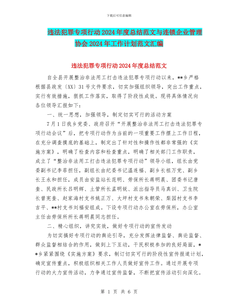 违法犯罪专项行动2024年度总结范文与连锁企业管理协会2024年工作计划范文汇编_第1页