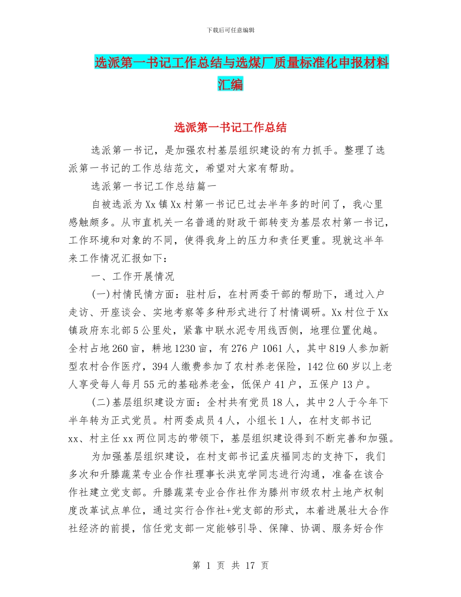 选派第一书记工作总结与选煤厂质量标准化申报材料汇编_第1页