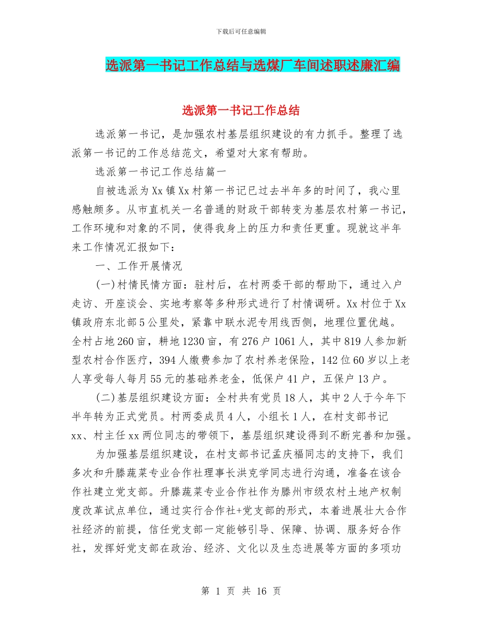 选派第一书记工作总结与选煤厂车间述职述廉汇编_第1页