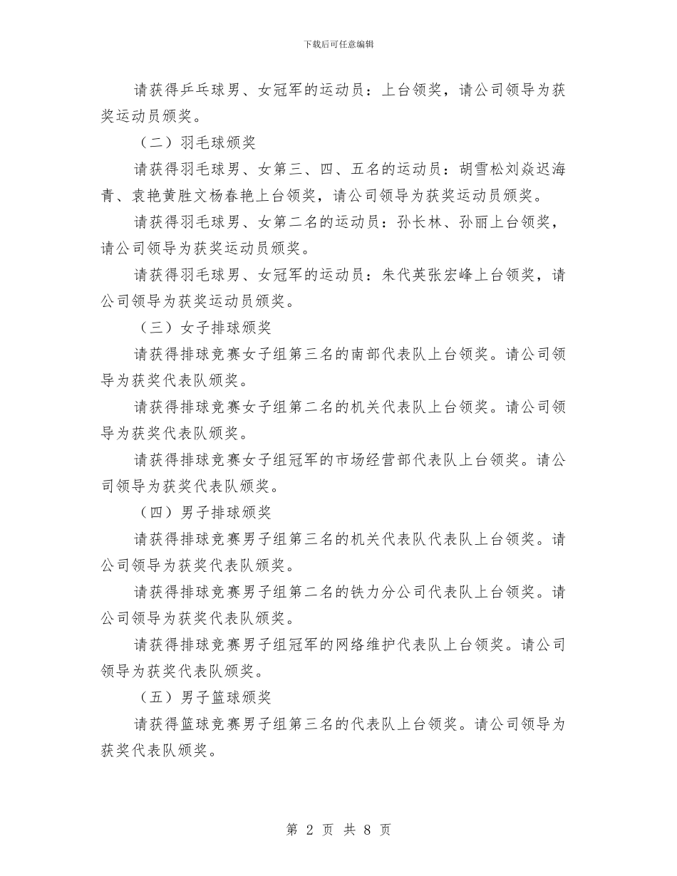 通信公司篮排球比赛检阅议式既开幕式主持程序与通信副站长就职演讲稿汇编_第2页