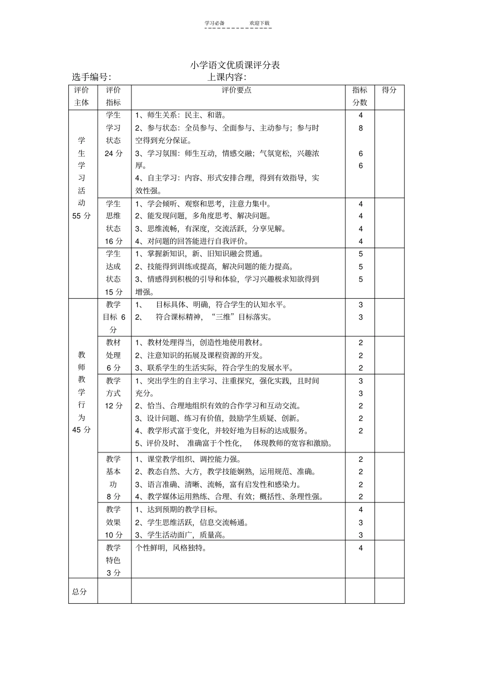 小学语文优质课评分表_第1页