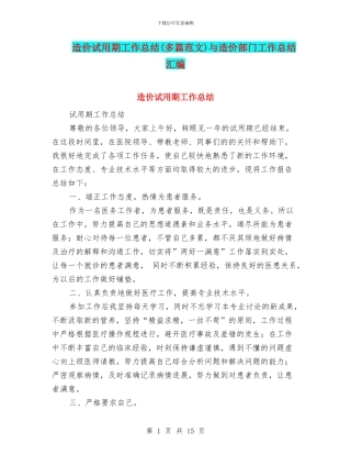 造价试用期工作总结与造价部门工作总结汇编