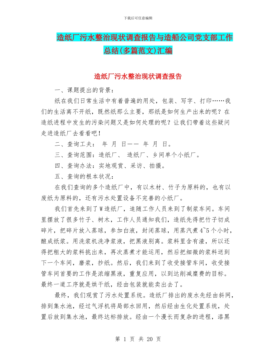 造纸厂污水整治现状调查报告与造船公司党支部工作总结汇编_第1页