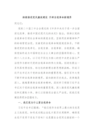 持续推进党风廉政建设 开辟自我革命新境界