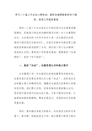 学习二十届三中全会心得体会：做好加减乘除抓好四个链条，促进工作落实落地