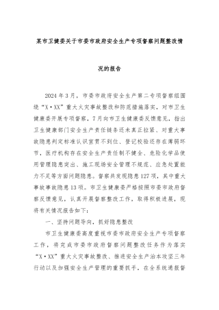 某市卫健委关于市委市政府安全生产专项督察问题整改情况的报告