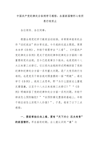 中国共产党纪律处分条例学习感悟：永葆家国情怀心有所畏行有所止