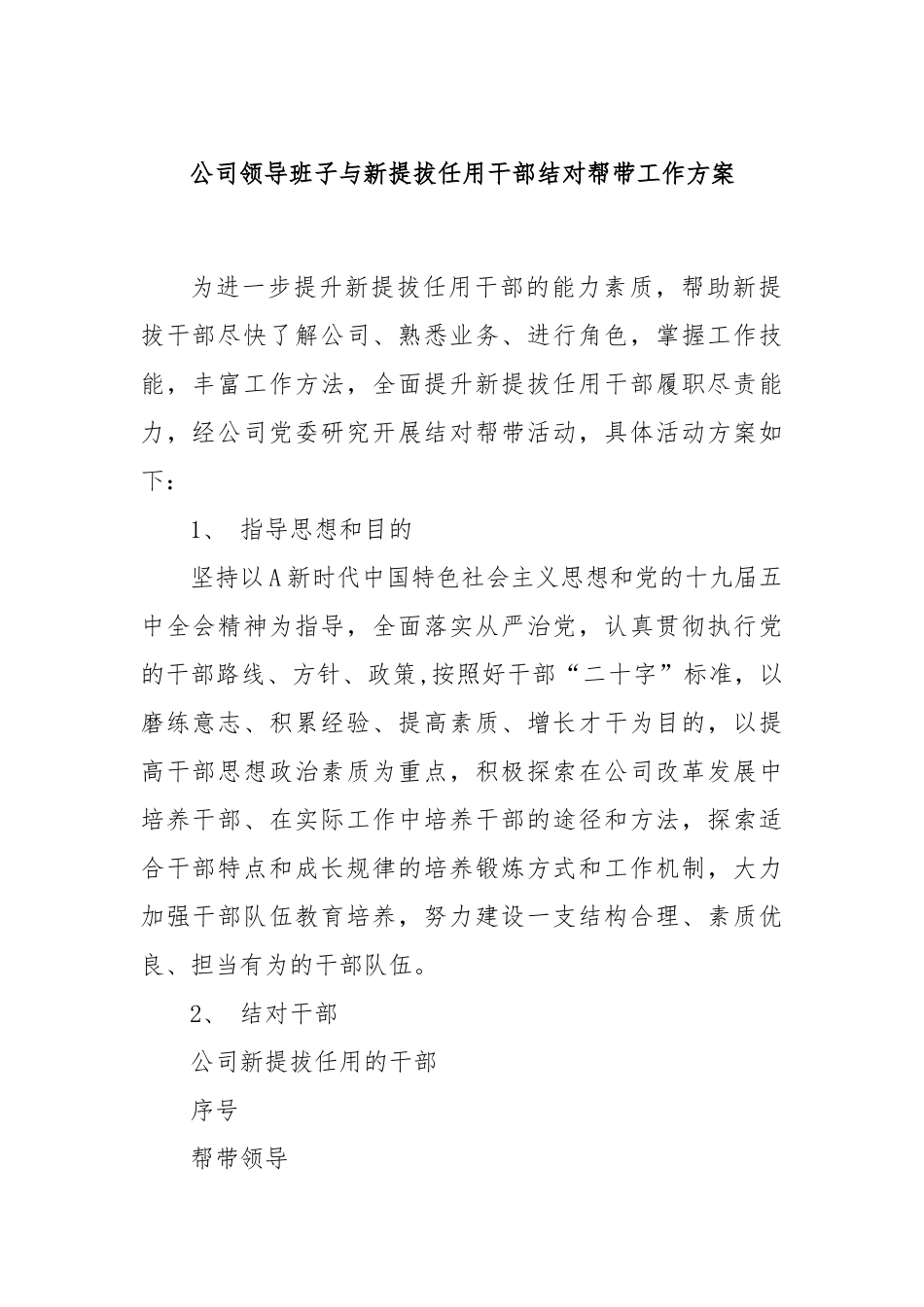 公司领导班子与新提拔任用干部结对帮带工作方案_第1页