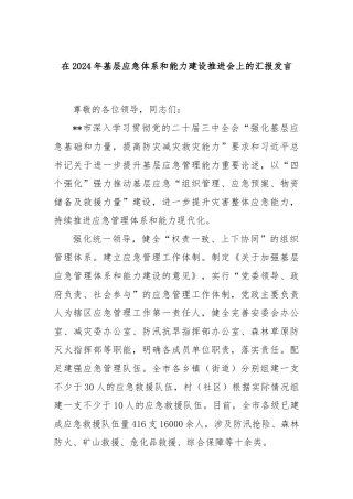 在2024年基层应急体系和能力建设推进会上的汇报发言