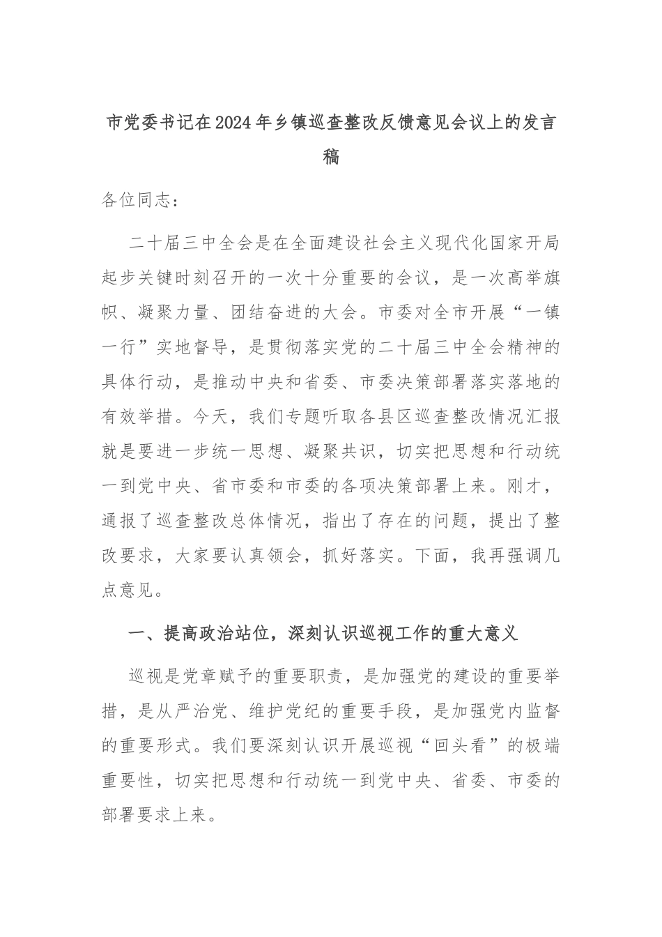 市党委书记在2024年乡镇巡查整改反馈意见会议上的发言稿_第1页