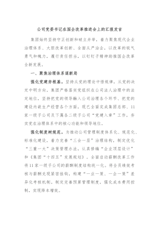公司党委书记在国企改革推进会上的汇报发言