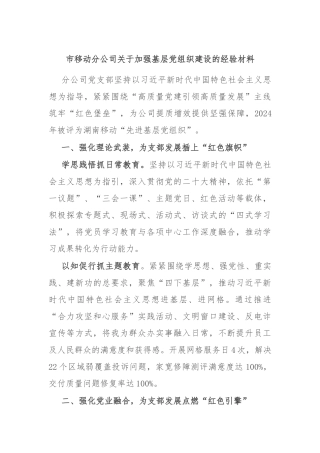 市移动分公司关于加强基层党组织建设的经验材料