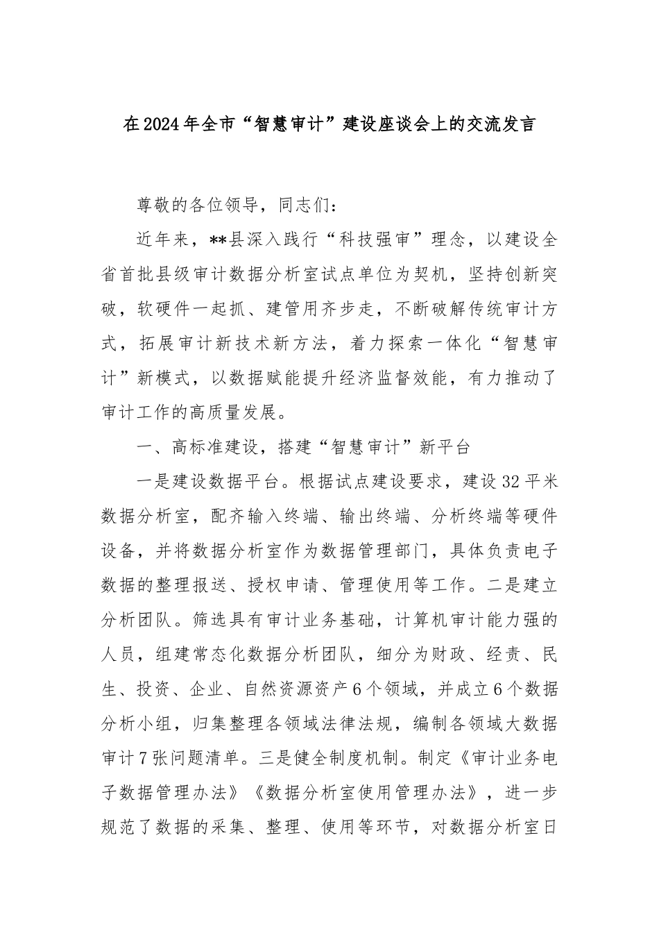 在2024年全市“智慧审计”建设座谈会上的交流发言_第1页