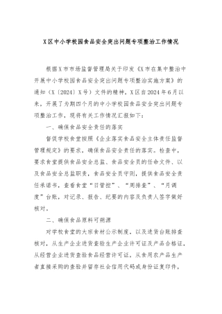 X区中小学校园食品安全突出问题专项整治工作情况