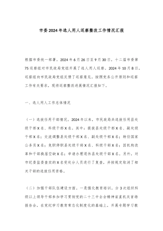 市委2024年选人用人巡察整改工作情况汇报