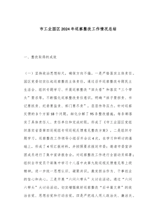 市工业园区2024年巡察整改工作情况总结