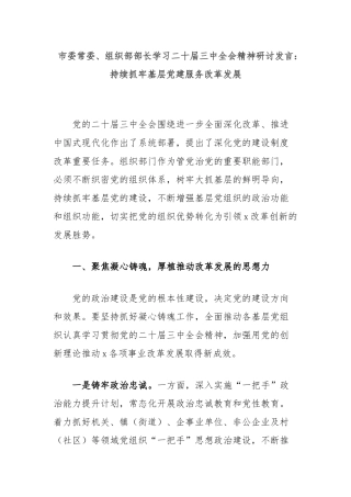 市委常委、组织部部长学习二十届三中全会精神研讨发言：持续抓牢基层党建服务改革发展