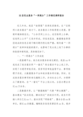 XX县民生服务“一网通办”工作情况调研报告