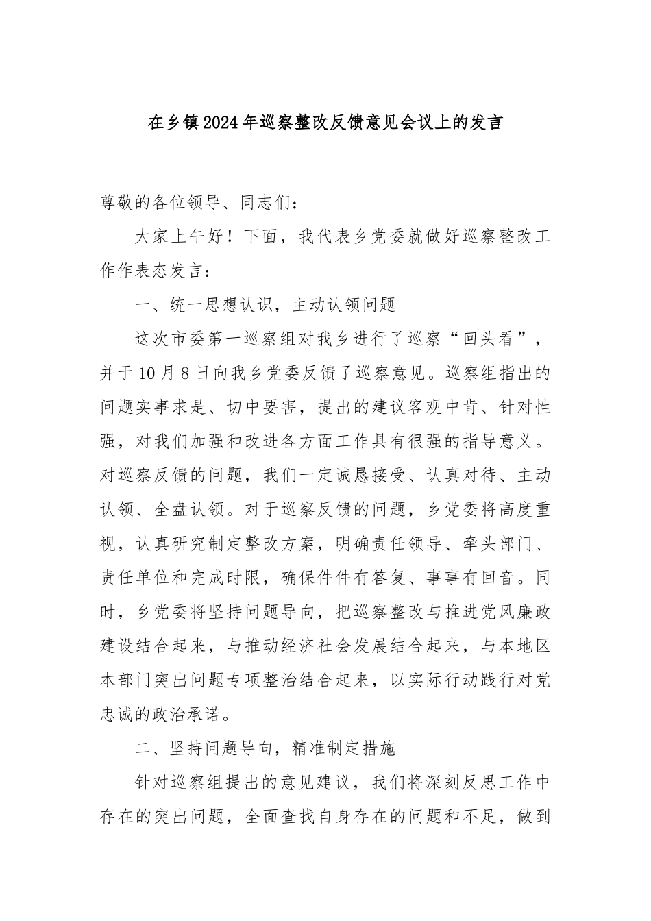 在乡镇2024年巡察整改反馈意见会议上的发言_第1页