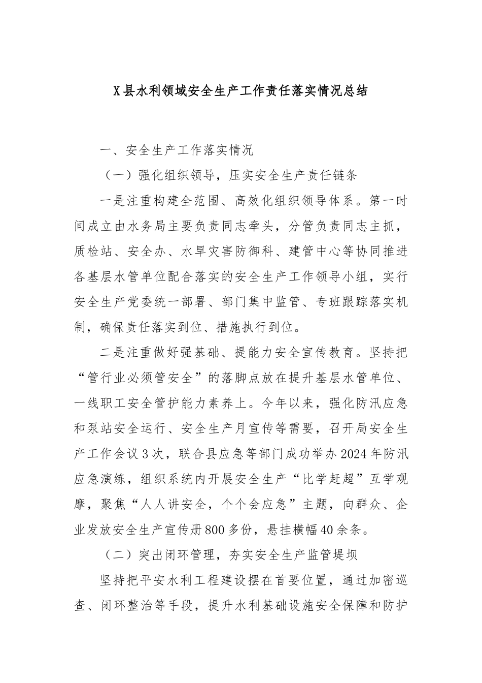 X县水利领域安全生产工作责任落实情况总结_第1页