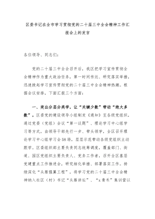 区委书记在全市学习贯彻党的二十届三中全会精神工作汇报会上的发言