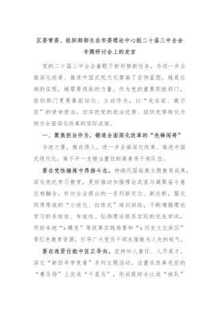 区委常委、组织部部长在市委理论中心组二十届三中全会专题研讨会上的发言