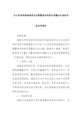 关于政府采购领域突出问题暨违纪违规专项整治行动的自查自纠报告