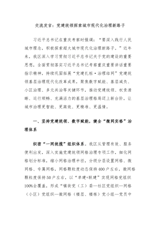 交流发言：党建统领探索城市现代化治理新路子