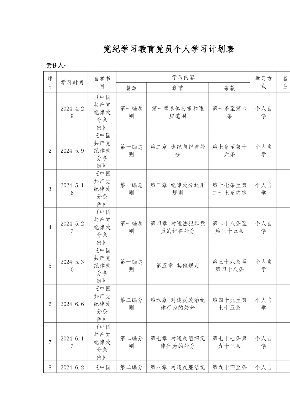 党纪学习教育党员个人学习计划表_第1页