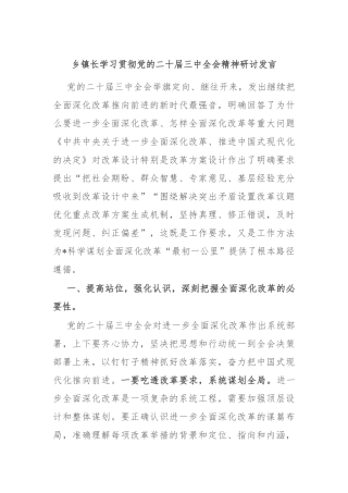 乡镇长学习贯彻党的二十届三中全会精神研讨发言