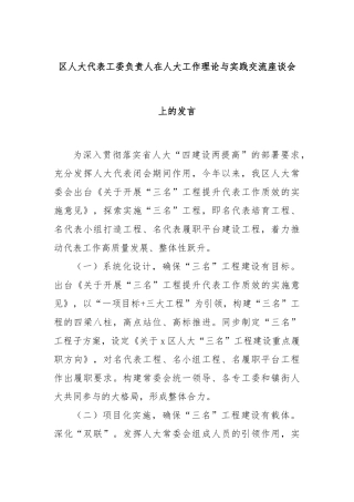 区人大代表工委负责人在人大工作理论与实践交流座谈会上的发言