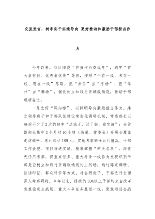 交流发言：树牢实干实绩导向 更好推动和激励干部担当作为