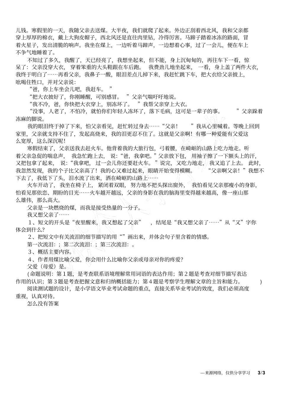 小学语文毕业考试阅读试题复习_第3页