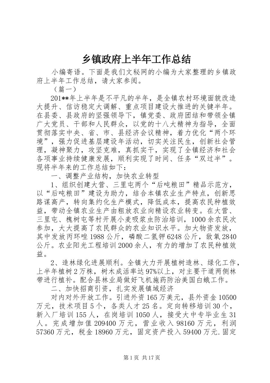 乡镇政府上半年工作总结_1_第1页