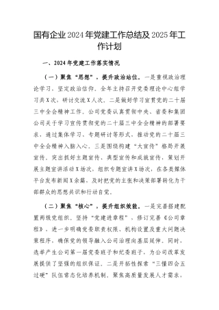 2024年党建工作总结及2025年工作计划（国有企业）