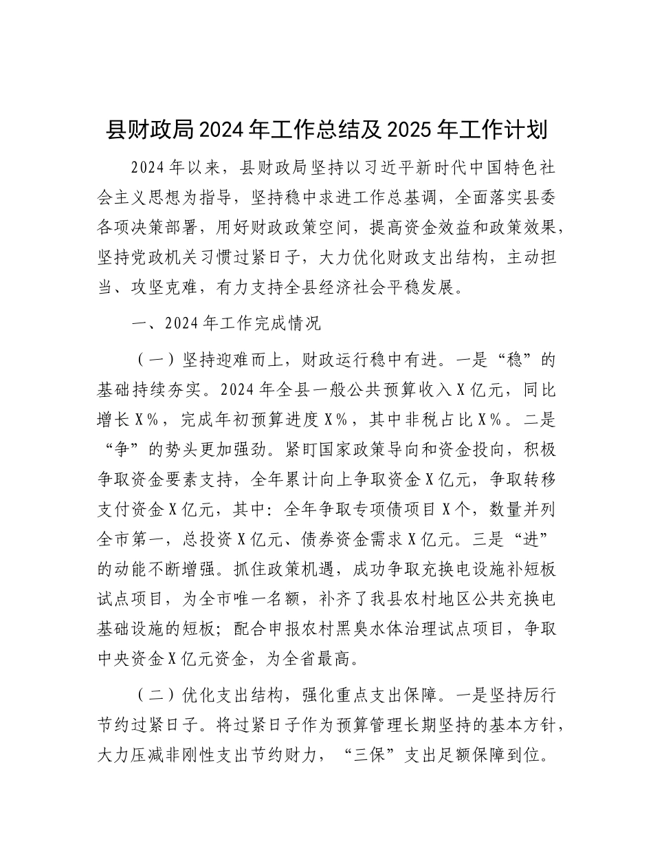 2024年工作总结及2025年工作计划（财政局）_第1页