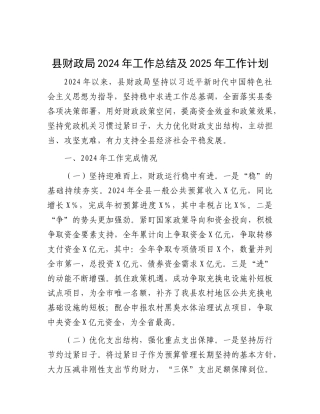 2024年工作总结及2025年工作计划（财政局）