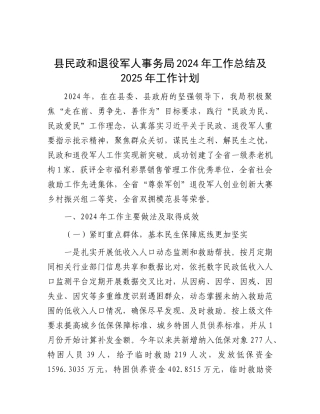 2024年工作总结及2025年工作计划（民政和退役军人事务局）