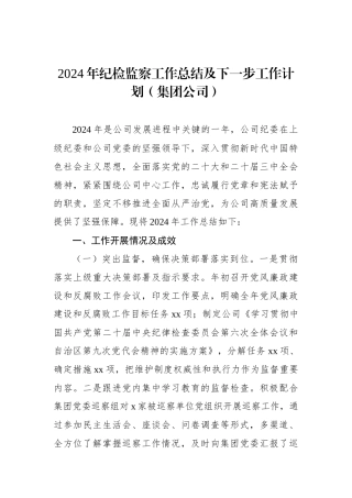 2024年纪检监察工作总结及下一步工作计划（集团公司）