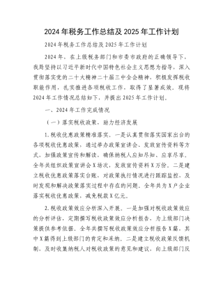 2024年税务工作总结及2025年工作计划
