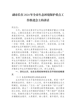副市长在2024年全市生态环境保护重点工作推进会上的讲话