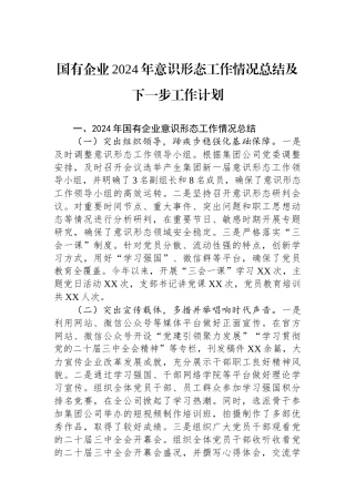 国有企业2024年意识形态工作情况总结及下一步工作计划