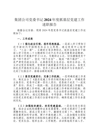 集团公司党委书记2024年度抓基层党建工作述职报告